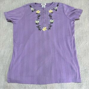 Vintage Pointelle Blouse Shirt Womens Medium Purple Embroidered Top Grandmacore